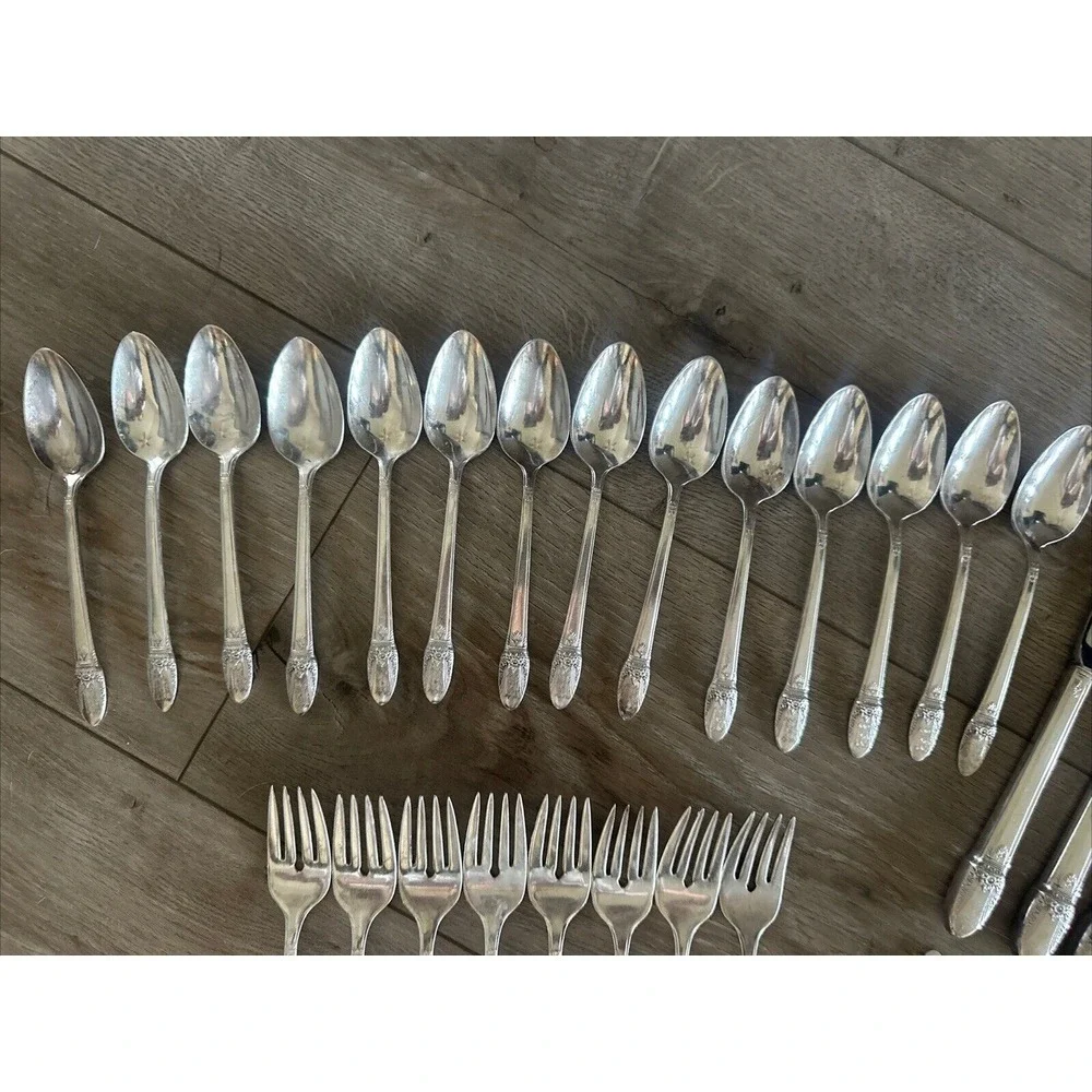 46 pc silverplate‎ flatware set by Rogers, First Love Pattern. Monogram M, srv 8